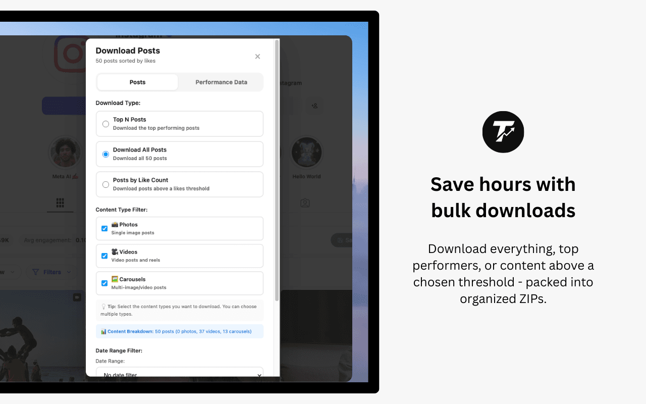 Trendlyst bulk download workflow for saving sorted Instagram posts and Reels