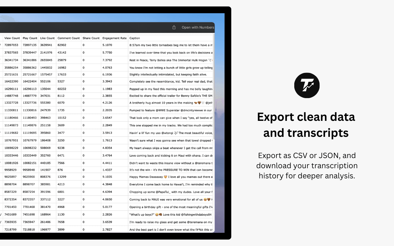 Trendlyst exporting clean Instagram data and transcripts for spreadsheet analysis