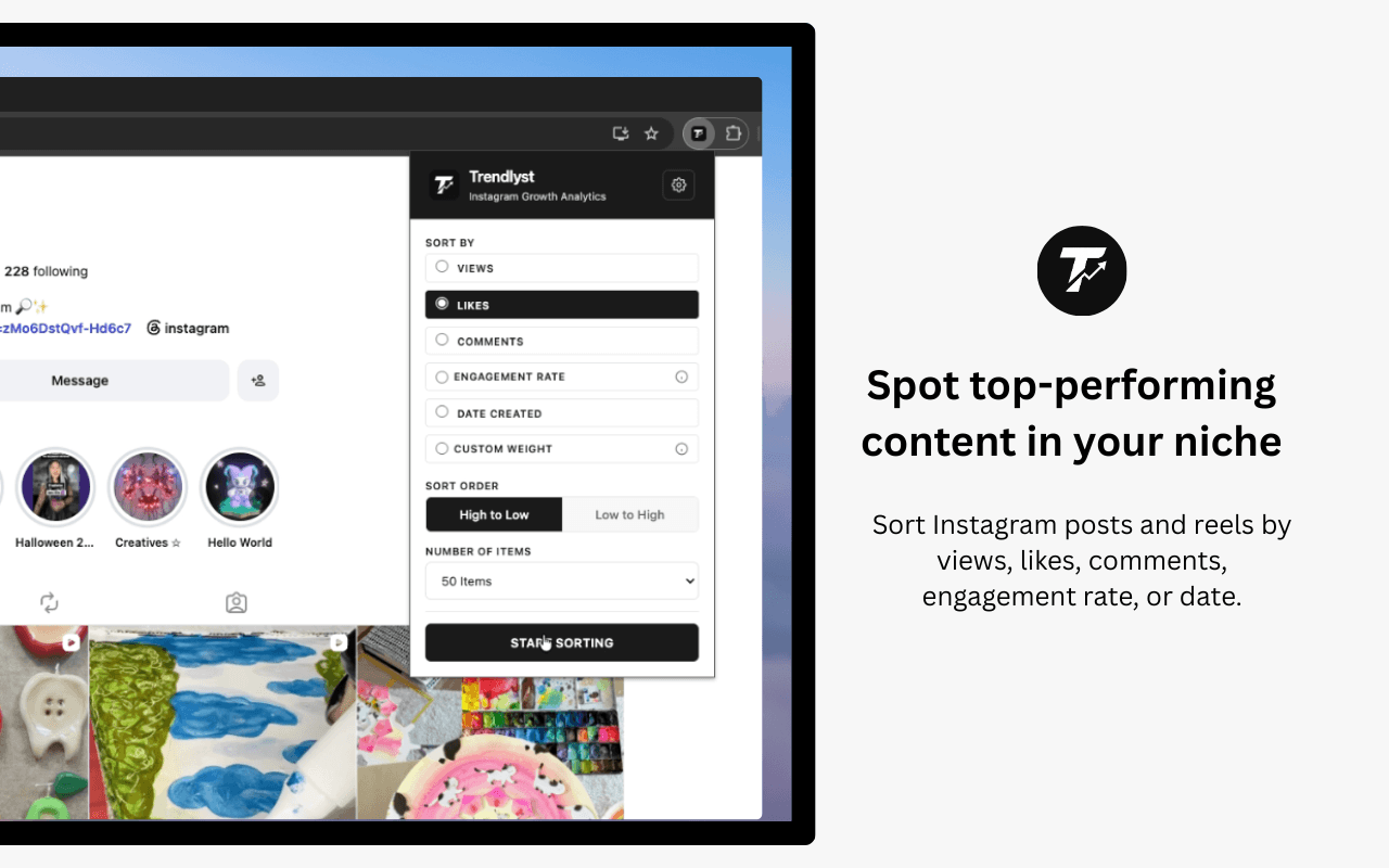 Trendlyst sorting Instagram Reels by view count to spot top-performing content